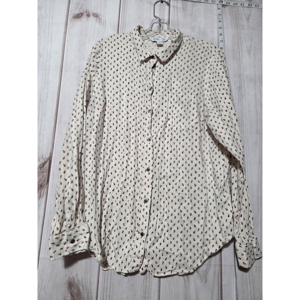 Old Navy Shirt Womens Large Cream Floral Button Up Classic Long Sleeve Top